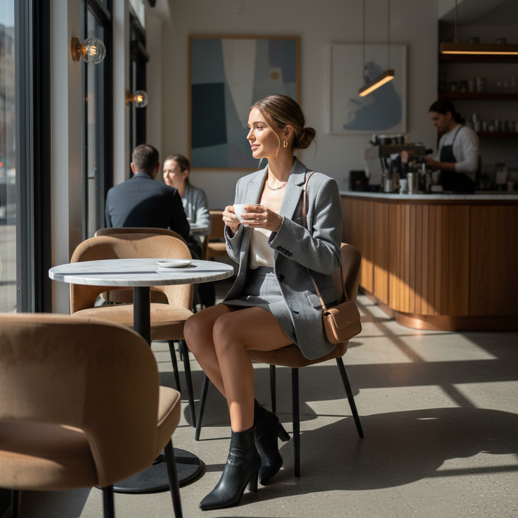Model in a downtown cafe wearing a sharp blazer