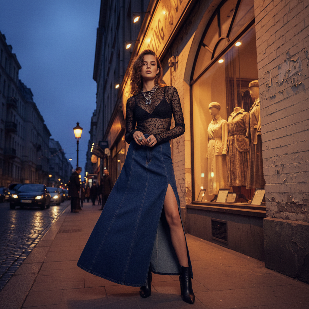 Street style moment beside a vintage storefront