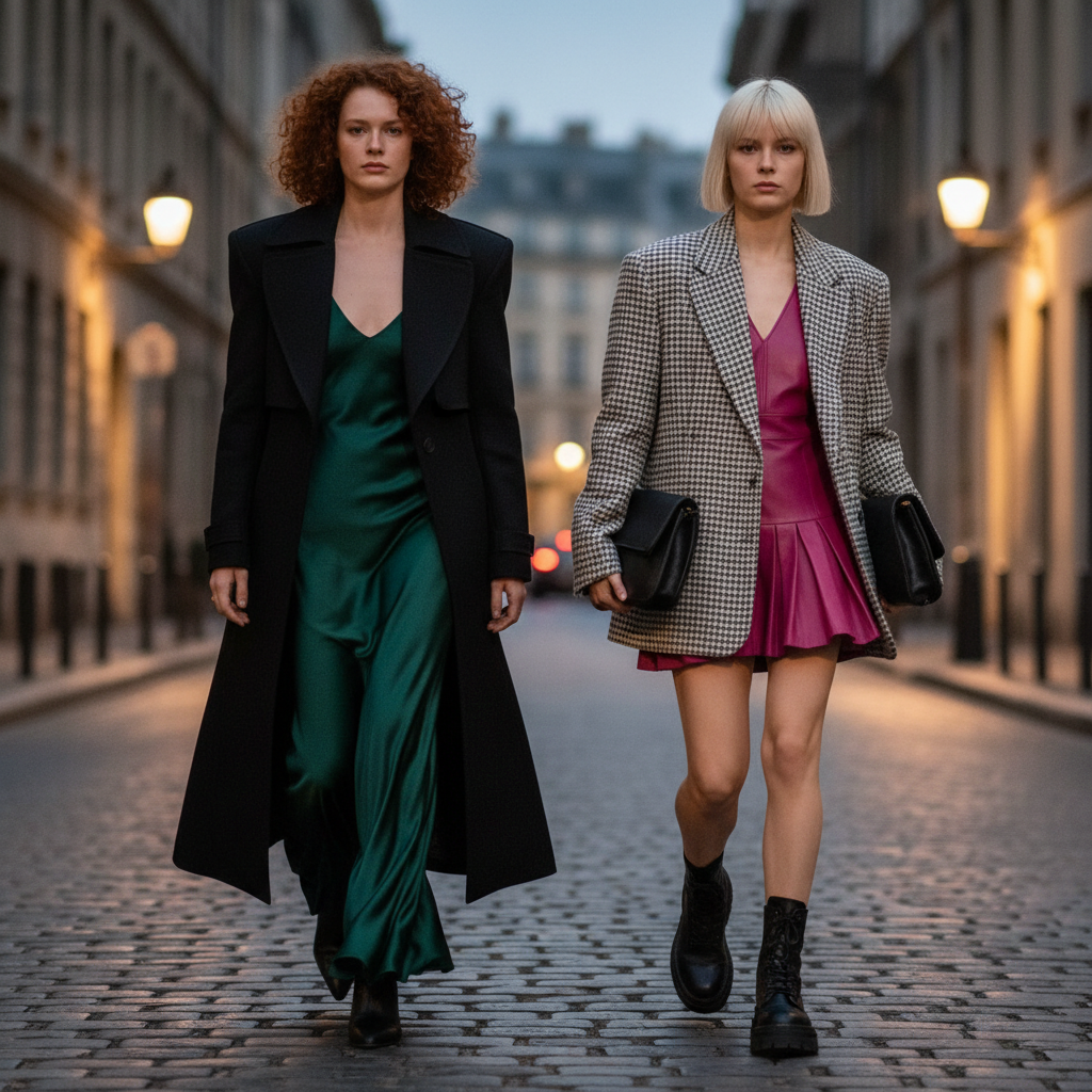 Two models walking at dusk in layered city looks