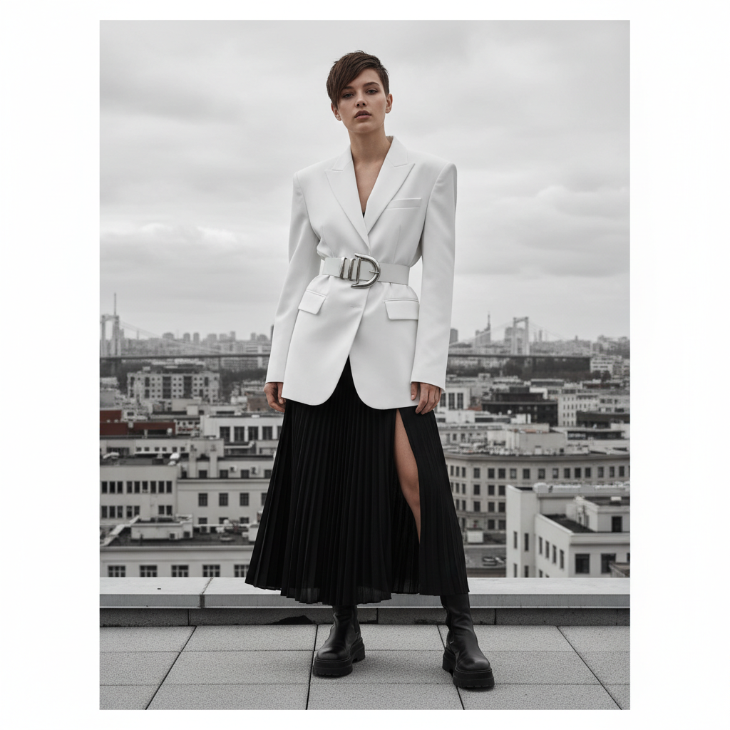 Editorial pose on a rooftop in a monochrome outfit